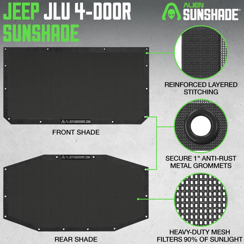 Alien Sunshade Jeep Wrangler JLU (2018-2023) â€“ Front & Rear Mesh Sun Shade for Jeep JL Unlimited - Blocks UV, Wind, Noise - Bikini JLkini Top Cover for Sport, Sport S, Sahara, Rubicon (Black) - Image 5